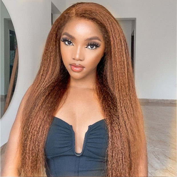 Kinky Edges Hairline丨#4 Chocolate Brown Colored Kinky Straight Human Hair Lace Wig Effortless Kinky Culry Edges 13X4 Undetectable HD Lace Front Wig