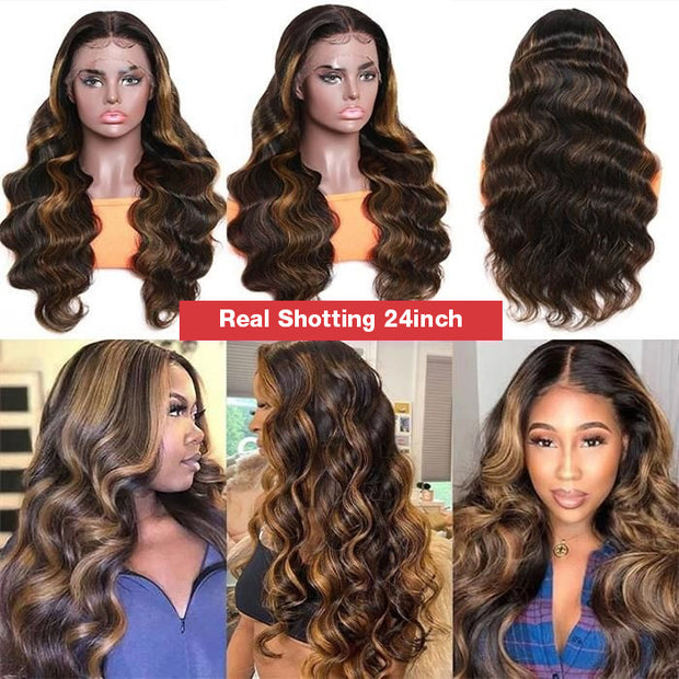 $189=24 Inches Ombre Highlight Body Wave 13x4 Lace Front Glueless Human Hair Wig