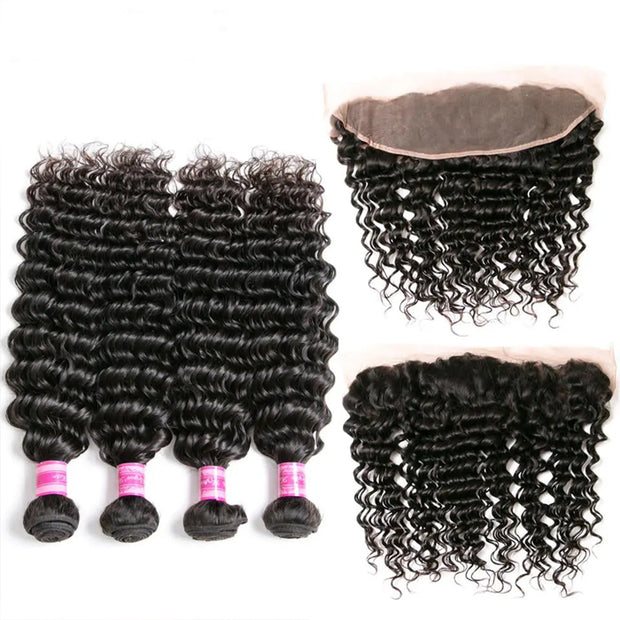 Brazilian Hair 4 Bundles With Lace Frontal Deep Wave 8A Grade Natural Color Hair Weaves