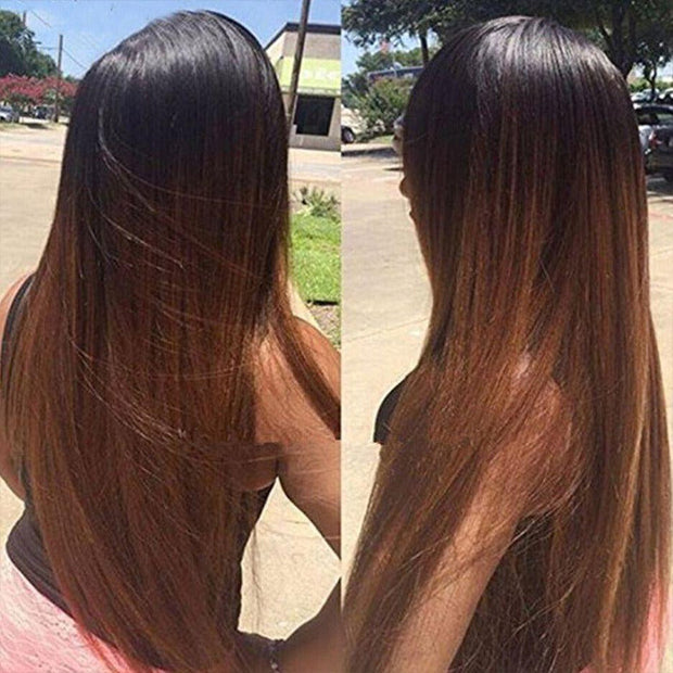 Pre-Bleached Black And Rich Brown Ombre Color Pre Cut Lace Wig 8x5 Glueless Human Hair Wig