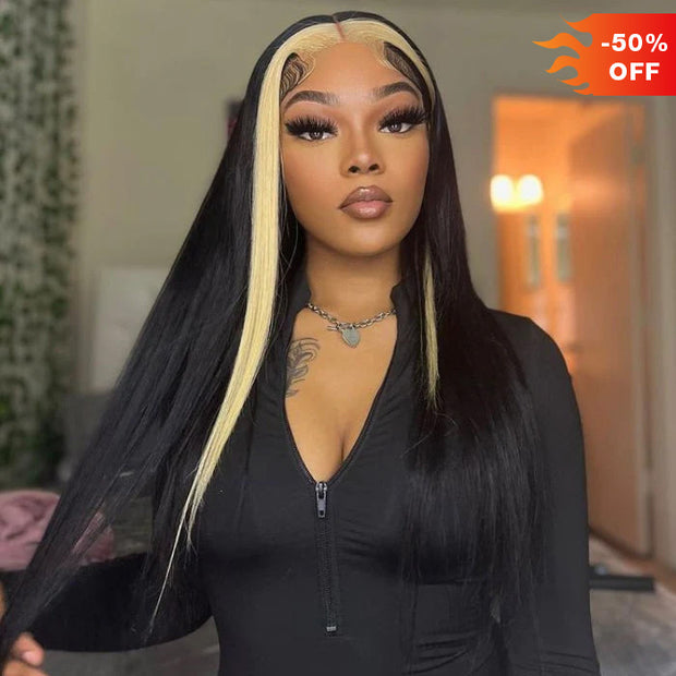 Highlights Blonde & Black Skunk Stripe Straight Lace Closure Human Hair Wigs 1B/613 Colored HD Transparent 13*4/4x4 Lace Front Wig With Baby Hair