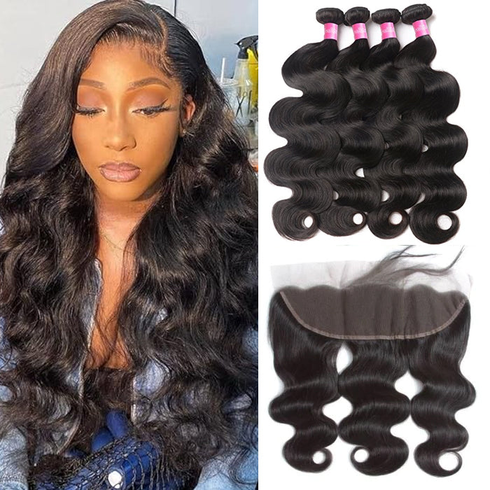 Brazilian Hair Body Wave 4 Bundles With Lace Frontal 8A Grade Natural Color Hair Weaves