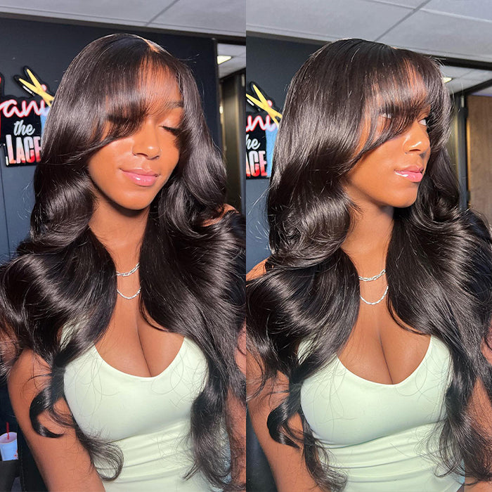 Curtain Bangs Pre Cut HD Lace Wig Butterfly Cut Body Wave Wear & Go Glueless Human Hair Wigs with Adjustable Strap