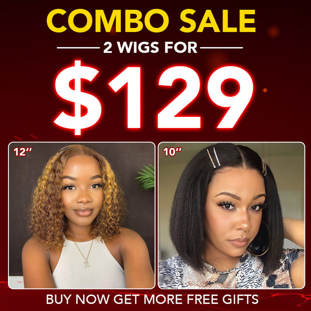 2 Wigs=$129 12” Highlights Water Wave 4X4 Pre Cut Lace Wig + 10” Kinky Straight 4X4 Pre Cut Lace Wig