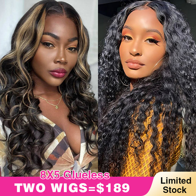 Two 220% Long Wigs|8X5 Pre Cut Lace Water Wave+8X5 Pre Cut Lace Highli ...