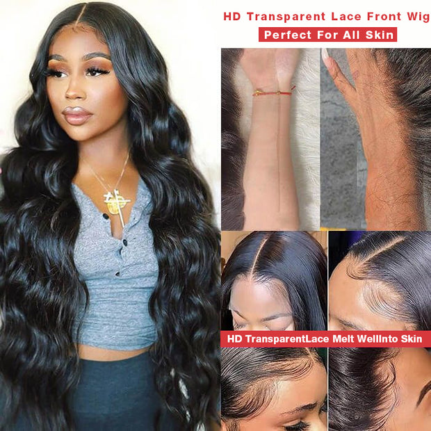 Long Body Wave Human Hair Lace Front Wigs Pre Plucked Real HD Transparent Lace Wig