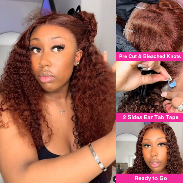 Pre-All Everything Lace Wig 8x5 Reddish Brown Curly Hair Pre Cut Pre Bleached Glueless Wig