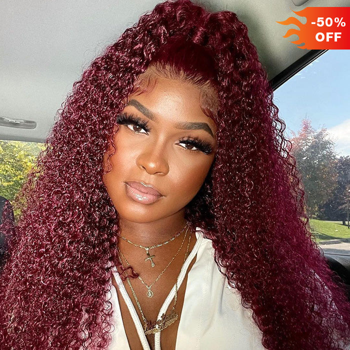 Clearance Sale|26 Inch Invisible HD Lace Burgundy 99J Curly Human Hair Wigs Colored Transparent 13X4 Lace Frontal Wig Preplucked Red Hair Wig
