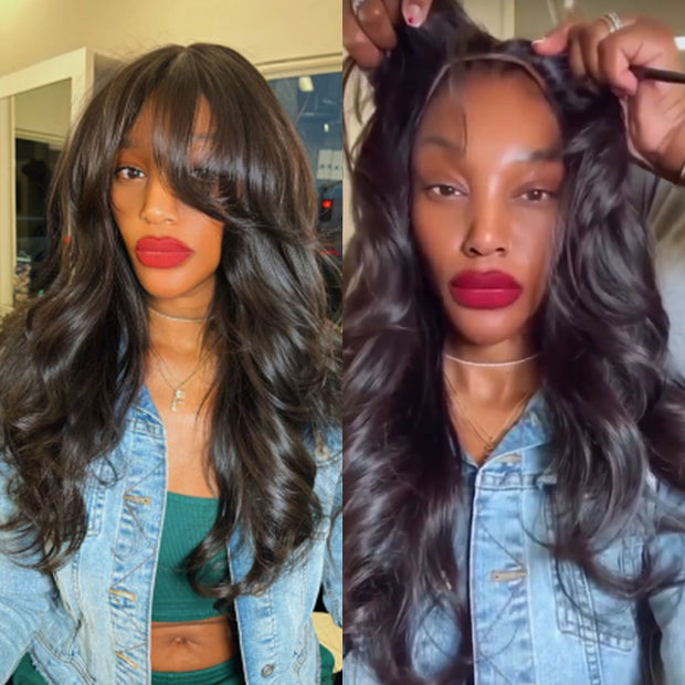 Curtain Bangs 8X5 Pre Cut HD Lace Wig Butterfly Cut Body Wave Glueless Human Hair Wigs with Adjustable Strap