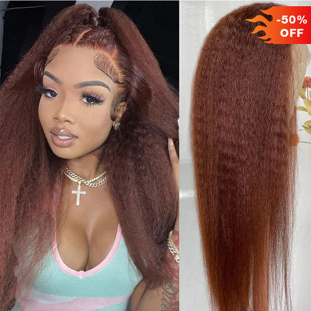 4x4 Kinky Straight Reddish Brown Lace Closure Wig Human Hair Auburn Copper Color for Women