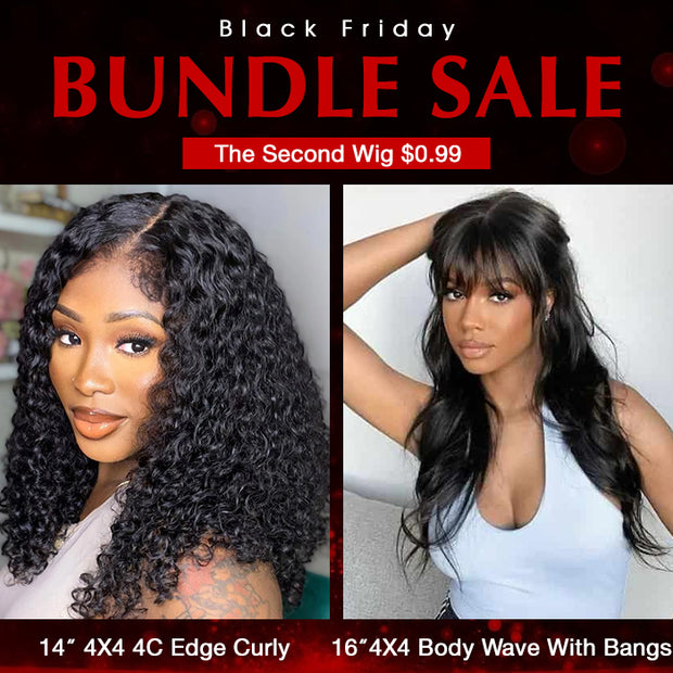 Two Wigs=169.99|4X4 HD Lace 4C Edges Curly Wig+4X4 HD Lace Body Wave Wig With Bangs