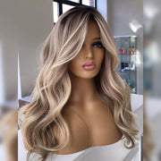 Curtain Bangs Ash Blonde Balayage with Dark Brown Roots Ombre Wig HD Lace Body Wave Human Hair Wigs