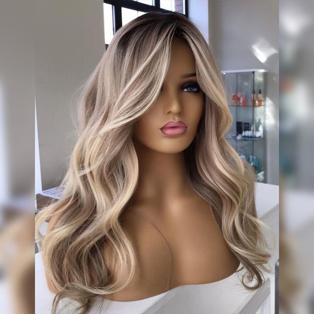 Curtain Bangs Ash Blonde Balayage with Dark Brown Roots Ombre Wig HD Lace Body Wave Human Hair Wigs