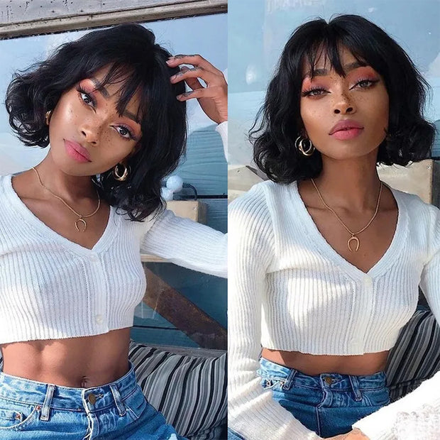 BOGO SALE||Body Wave/Straight Short Bob Wig With Bangs Wear & Go Glueless 4X4 HD Lace Human Hair Wigs 180% Density