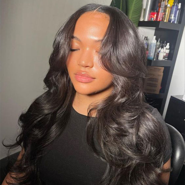 Curtain Bangs 8X5 Pre Cut HD Lace Wig Butterfly Cut Body Wave Glueless Human Hair Wigs with Adjustable Strap