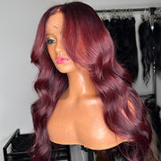 Burgundy Red Body Wave Glueless Wig With Curtain Bangs 13x4/5x5 HD Lace Closure wig