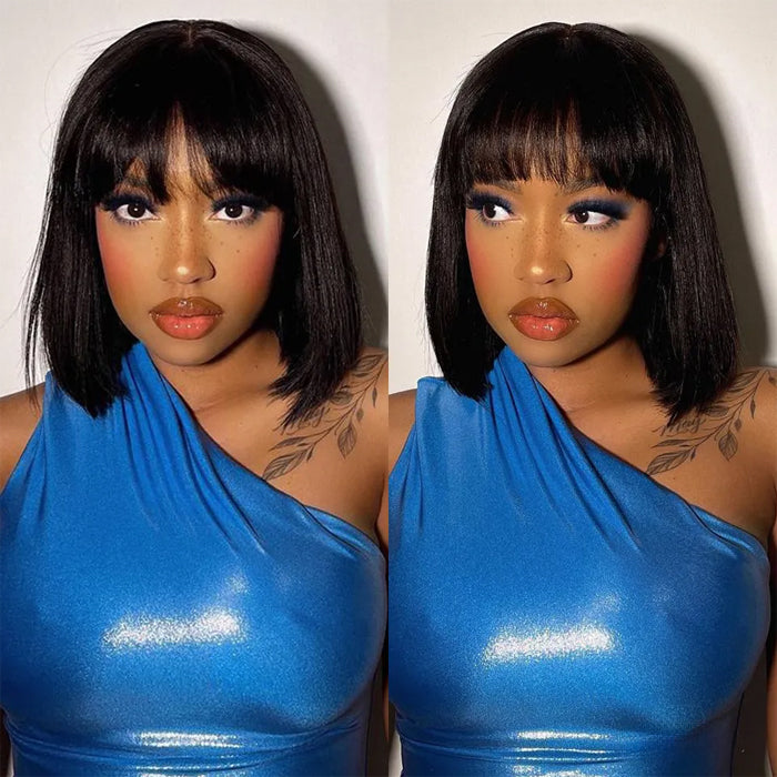 BOGO SALE|Wear & Go Straight Short Bob Wig With Bangs Full Machinemade Human Hair Glueless Wigs 180% Density