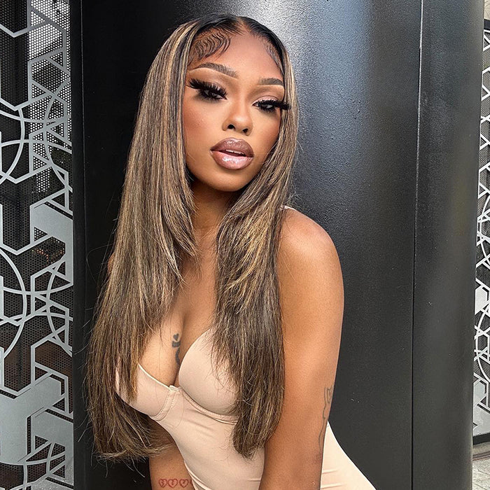 Highlight Layered Cut Glueless 13x4 13x6 Undetectable HD Lace Front Wig #1B27Colored Pre-bleached 100% Human Hair