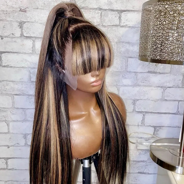 Highlight Honey Blonde Straight Wig With Bangs Ombre Brown Human Hair 4x4/13x4 HD Lace Front Wigs Beginner Friendly