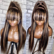 Highlight Honey Blonde Straight Wig With Bangs Ombre Brown Human Hair 4x4/13x4 HD Lace Front Wigs Beginner Friendly