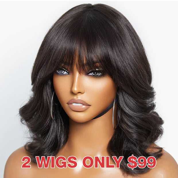 $99 BUY 1 GET 1 FREE|Body Wave Short Bob Wig With Bangs Wear & Go Glueless Full Machinemade Human Hair Wigs 180% Density