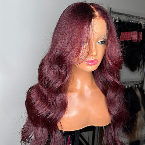 Burgundy Red Body Wave Glueless Wig With Curtain Bangs 13x4/5x5 HD Lace Closure wig