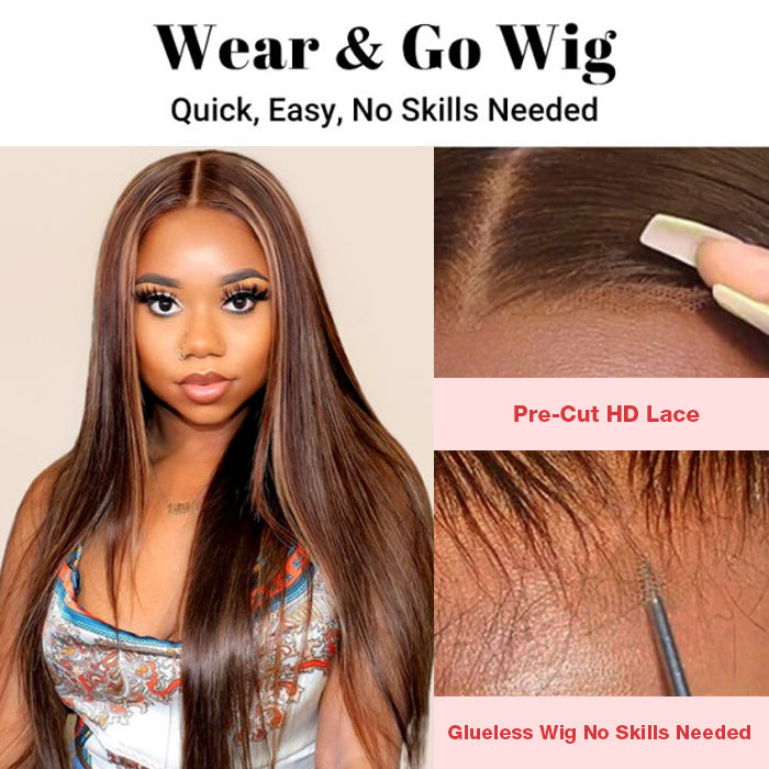 8x5 HD Lace Wear & Go Honey Blonde Highlight Straight Hair 4x4  Pre-Cut Lace Glueless Closure Wig