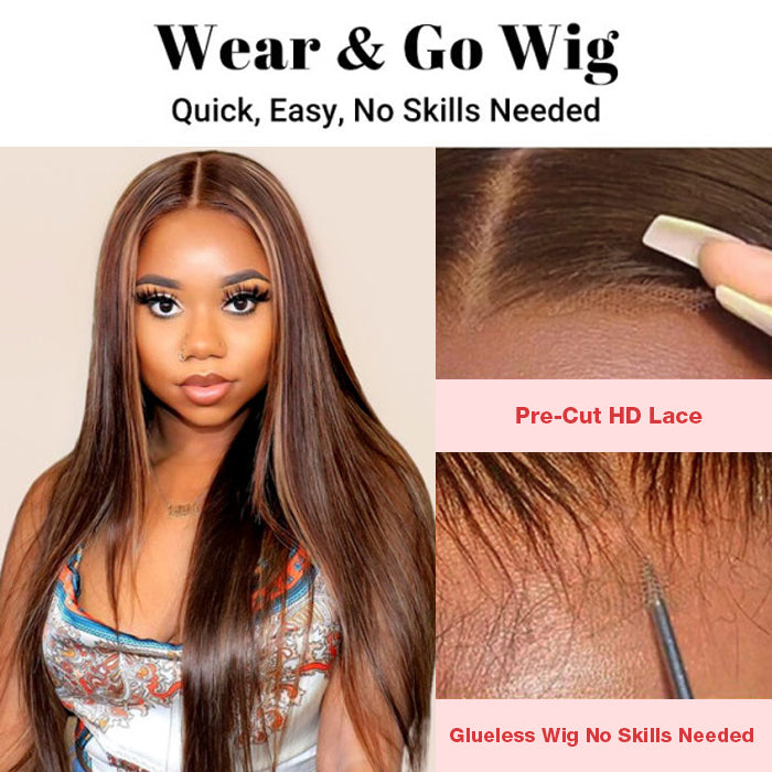 7x5 HD Lace Wear & Go Honey Blonde Highlight Straight Hair 4x4  Pre-Cut Lace Glueless Closure Wig