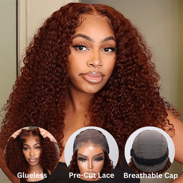 Glueless Upgraded 8x5 HD Lace Reddish Brown Curly Wig Ready To Go Pre Cut Lace Wig 180% Density For Sale