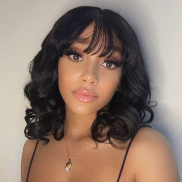 $99 BUY 1 GET 1 FREE|Body Wave Short Bob Wig With Bangs Wear & Go Glueless Full Machinemade Human Hair Wigs 180% Density