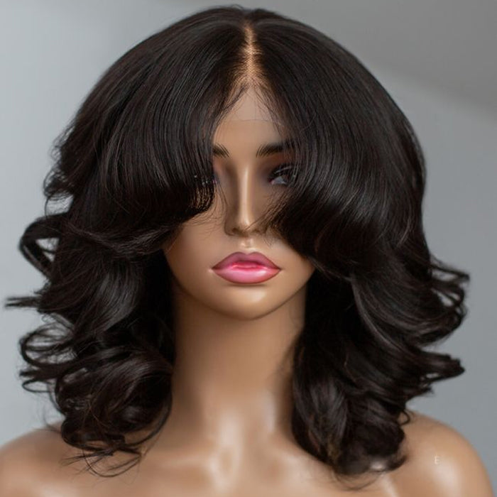 Curtain Bangs Short Body Wave Bob Wig Chic Retro 13x4/5X5 HD Lace Human Hair Wigs with Adjustable Strap