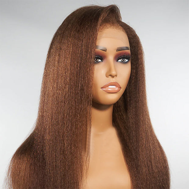Kinky Edges Hairline丨#4 Chocolate Brown Colored Kinky Straight Human Hair Lace Wig Effortless Kinky Culry Edges 13X4 Undetectable HD Lace Front Wig