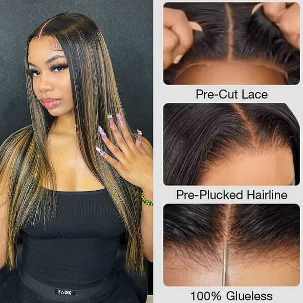 Pre Bleached Wear Go Pre Cut 8x5 HD Lace Highlights Straight Hair Glueless Wig Pre All Everthing