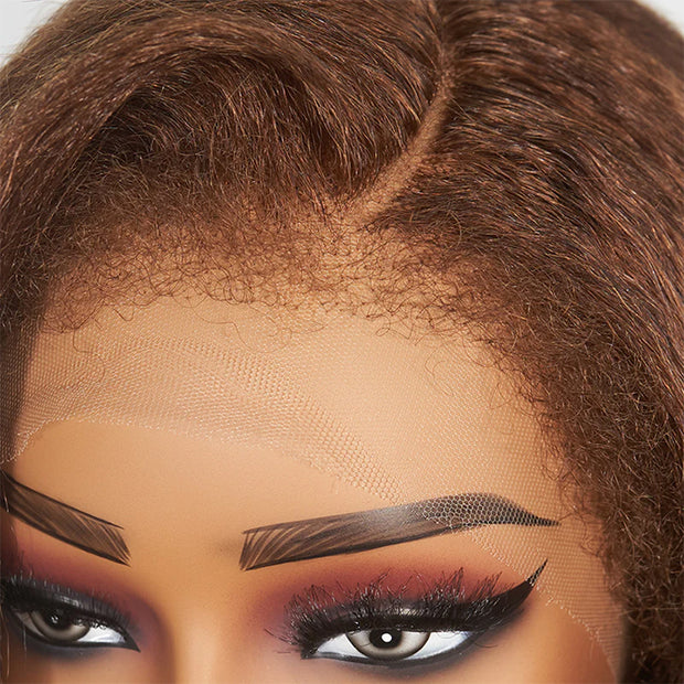 Kinky Edges Hairline丨#4 Chocolate Brown Colored Kinky Straight Human Hair Lace Wig Effortless Kinky Culry Edges 13X4 Undetectable HD Lace Front Wig