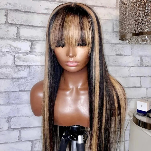 Highlight Honey Blonde Straight Wig With Bangs Ombre Brown Human Hair 4x4/13x4 HD Lace Front Wigs Beginner Friendly