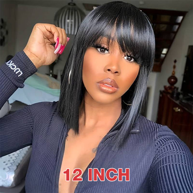 BOGO SALE|Wear & Go Straight Short Bob Wig With Bangs Full Machinemade Human Hair Glueless Wigs 180% Density