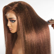 Kinky Edges Hairline丨#4 Chocolate Brown Colored Kinky Straight Human Hair Lace Wig Effortless Kinky Culry Edges 13X4 Undetectable HD Lace Front Wig