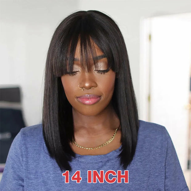 BOGO SALE|Wear & Go Straight Short Bob Wig With Bangs Full Machinemade Human Hair Glueless Wigs 180% Density