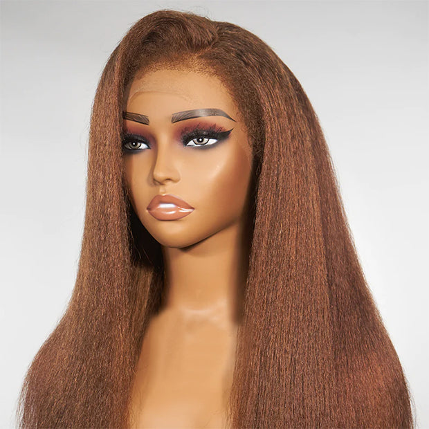 Kinky Edges Hairline丨#4 Chocolate Brown Colored Kinky Straight Human Hair Lace Wig Effortless Kinky Culry Edges 13X4 Undetectable HD Lace Front Wig