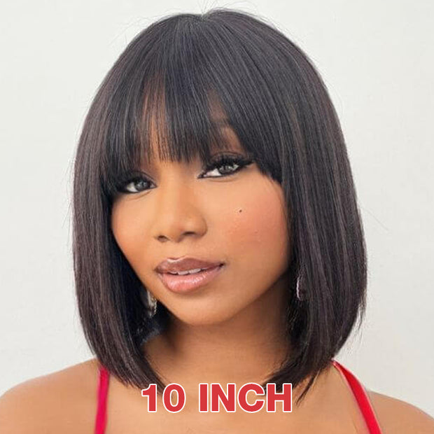 BOGO SALE|Wear & Go Straight Short Bob Wig With Bangs Full Machinemade Human Hair Glueless Wigs 180% Density