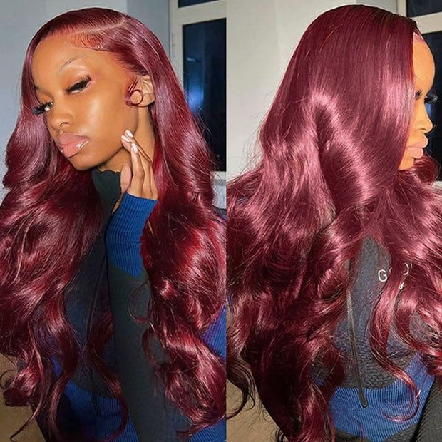 Burgundy Pre Cut HD Lace Wear & Go Red Body Wave Lace Front Human hair wigs 4x4 Realistic Transparent Glueless Human Hair  Wig