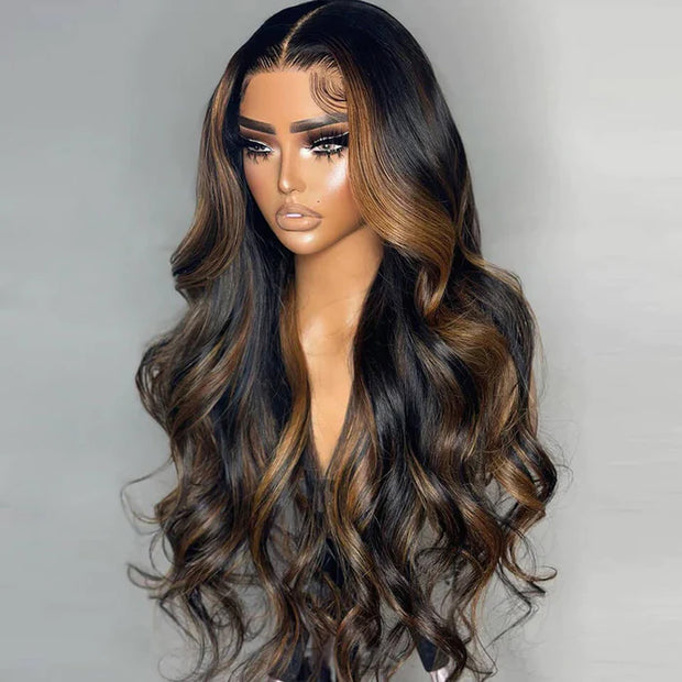 Wear Go Highlights Ombre Brown 8x5 HD Lace Straight/Body Wave Glueless Wigs Pre Cut Lace Wig 180% Density