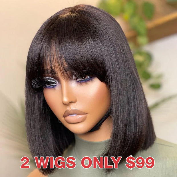 BOGO SALE|Wear & Go Straight Short Bob Wig With Bangs Full Machinemade Human Hair Glueless Wigs 180% Density