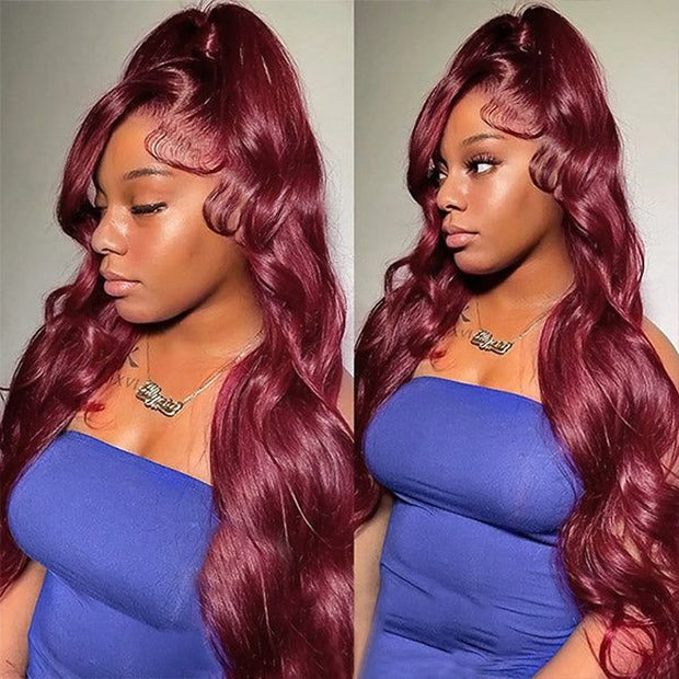 Burgundy Pre Cut HD Lace Wear & Go Red Body Wave Lace Front Human hair wigs 4x4 Realistic Transparent Glueless Human Hair  Wig
