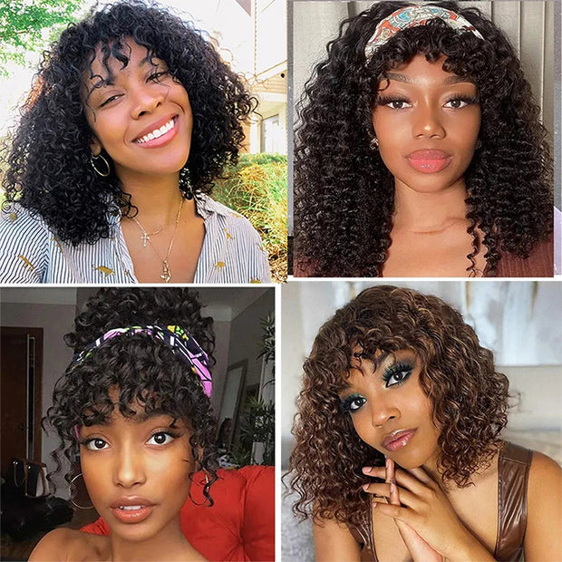 $99 BUY 1 GET 1 FREE|Curly Short Bob Wig With Bangs Full Machinemade Human Hair Wigs Glueless Beginner Friendly 180% Density