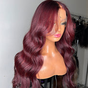 Burgundy Red Body Wave Glueless Wig With Curtain Bangs 13x4/5x5 HD Lace Closure wig