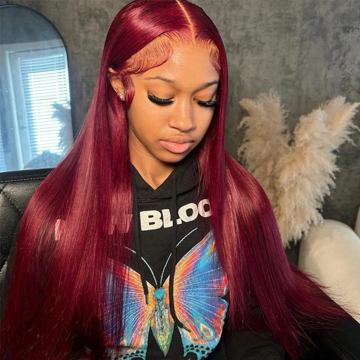 Clearance Sale|99J Burgundy Transparent Lace Frontal Wig Straight Human Hair for Women Flash Sale