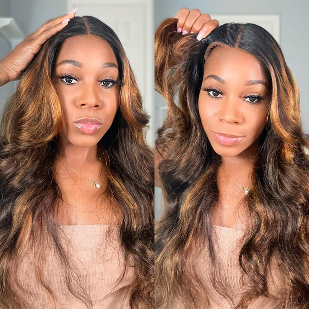 Bye-Bye Knots Wear Go Highlights Ombre Brown 8x5 Pre Cut HD Lace Straight/Body Wave Glueless Wigs 180% Density