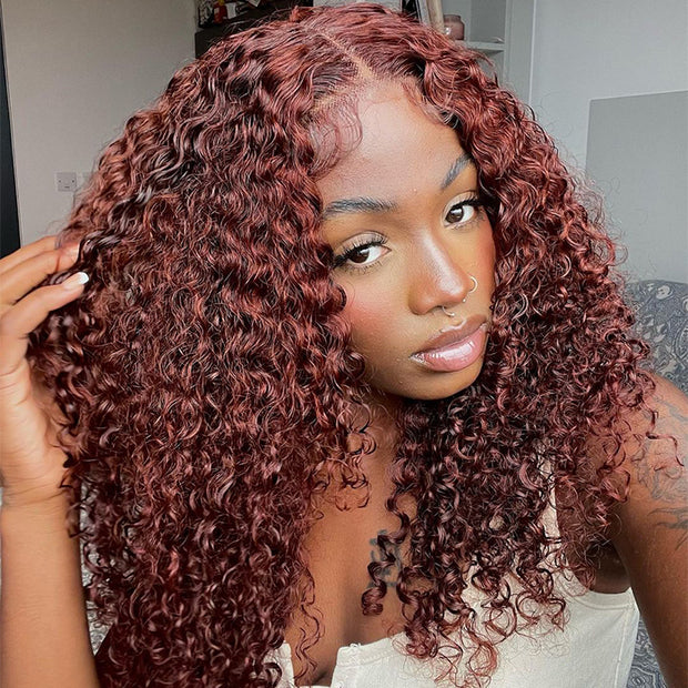 Glueless Upgraded 8x5 HD Lace Reddish Brown Curly Wig Ready To Go Pre Cut Lace Wig 180% Density For Sale