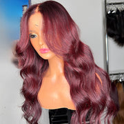 Burgundy Red Body Wave Glueless Wig With Curtain Bangs 13x4/5x5 HD Lace Closure wig